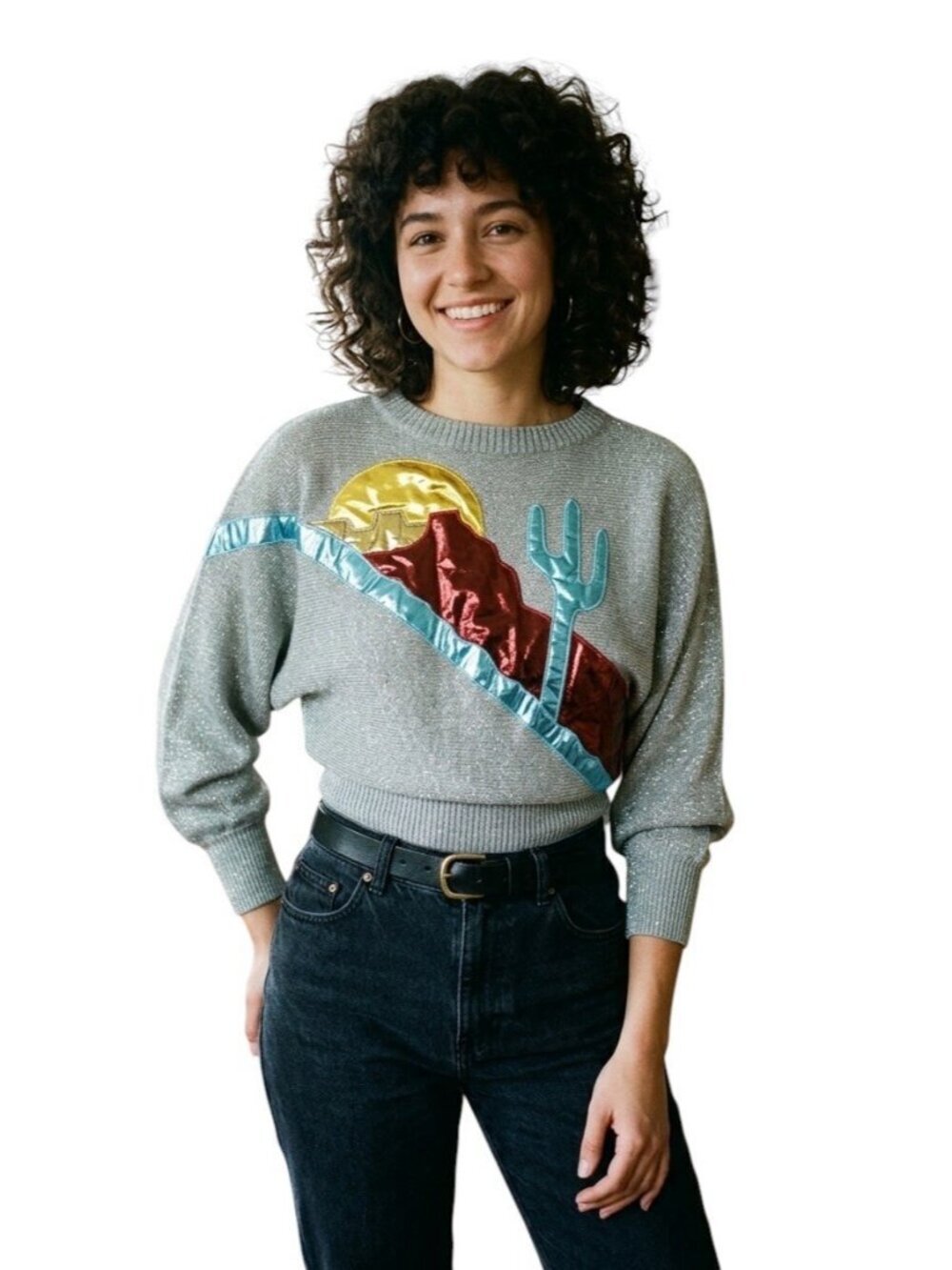 Vintage Award Design Western Sweater S Silver Metallic Lurex Cactus Mesa Desert